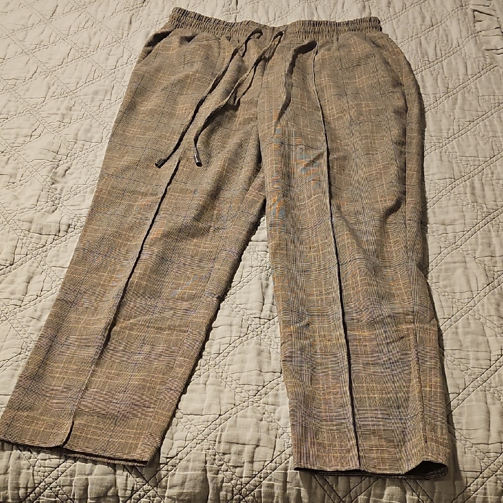 Nine West Plaid Drawstring Waist Brown Jogger Pants